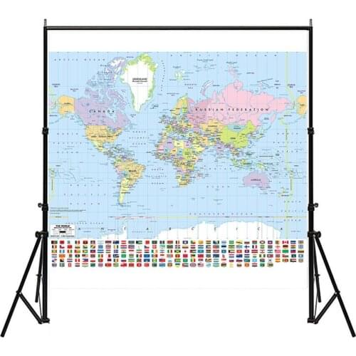 150x150cm Mercator Projection Map Non-woven Vinyl Spray World Map with National Flag For Culture And Education