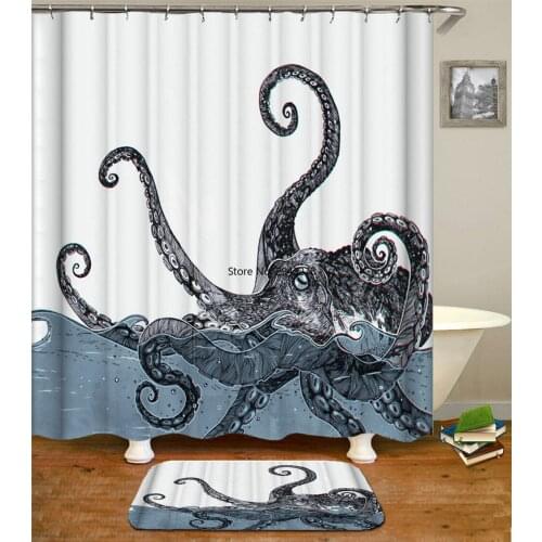 2Pcs/Set Octopus Shower Curtains Set Mat Bathroom Waterproof Bath Curtains With Rectangle Non-slip Floor Mat