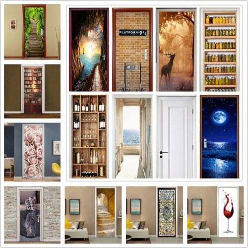 3D Door Sticker Wallpaper Wood Adhesive PVC Home Decor Furniture Vinyl Wrap Waterproof Wall Sticker Kitchen Door Decorative Film