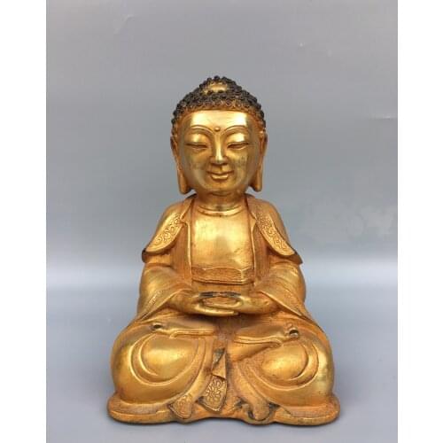 9"Chinese temple collection Old Bronze Gilt Shakyamuni Buddha Sitting Buddha Baby buddha Enshrine the Buddha