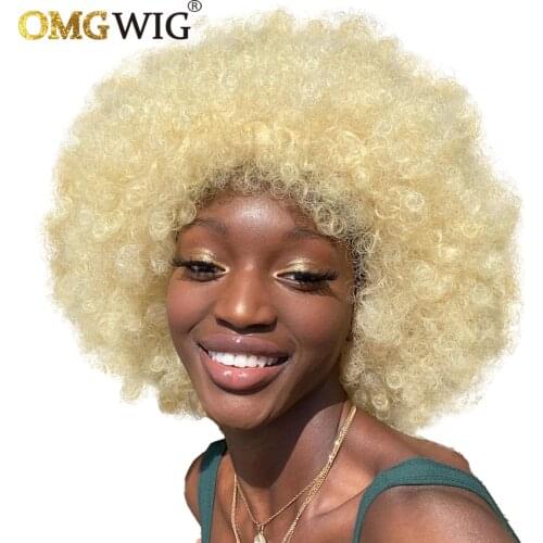 Afro Kinky Curly Short Bob Pixie Cut Non Machine 613 Honey Blonde Color OMG Wigs With Bangs For Black Women Cheap Human Hair Wig