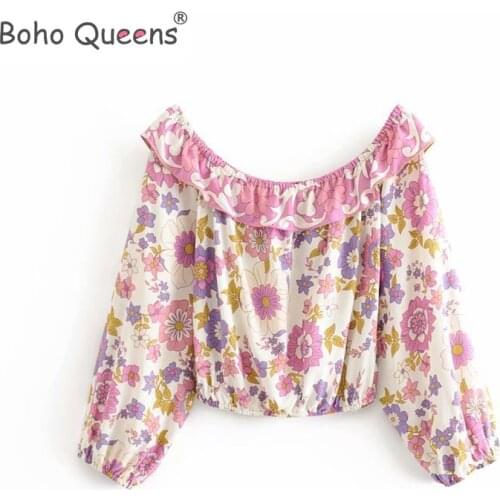 Boho Queens Women pink floral printed bohemian lace-up rayon blouse shirts ladies off shoulder top long sleeve shirts blusa