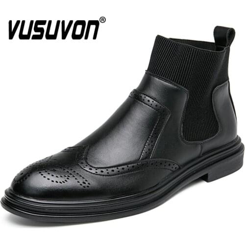 Italian Men PU Leather Boots British Business Brogue Shoes Male Comfortable Black Ankle Boots Fashion Retro Sock Shoes for Man