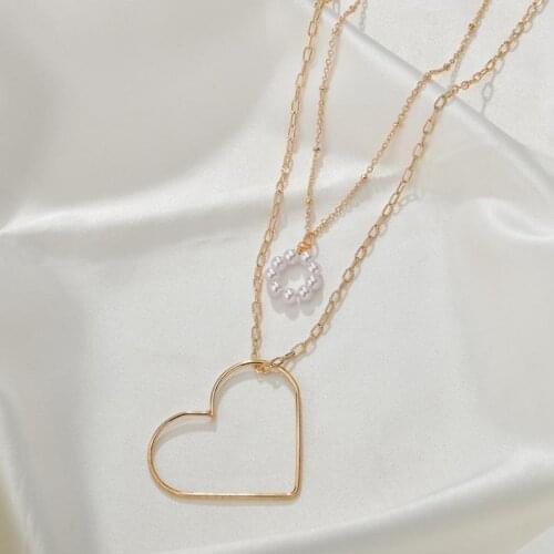 1pc Double Layer Necklace Retro Faux Pearl Pendant Necklace Layered Heart Decor Necklace Jewelry Accessories For Women Girls