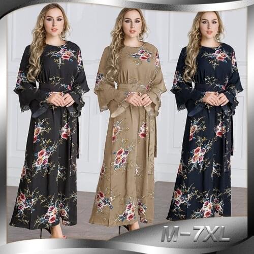 Europe and the United States large size Muslim Arabian Middle East Dubai Saudi Arabia Lady long print trumpet sleeve dress