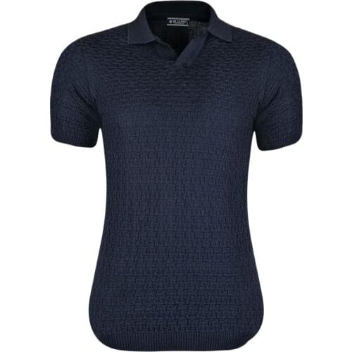 Kulemoda navy blue labyrinth pattern polo collar knitwear unisex t-shirt