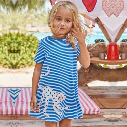 Cotton Baby Girls Infant Toddler Dresses Summer Children Wear Cotton Short Sleeve Animal Deer Dog Embroider Striped Cute Dress