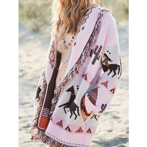 Jastie Boho 2021 Autumn Winter Sweater Jacket Women Lapel Tassel Jacquard Long Sleeve Cardigan Bohemian Retro Long Sweater Tops