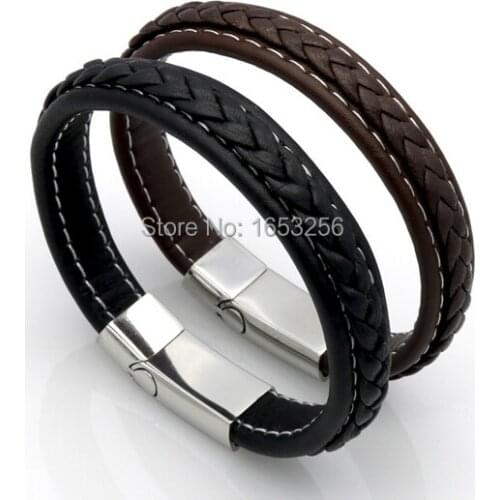 Brown / Black Genuine Leather Bracelet Charming handmade Wristband Stainless Steel Clasp Top Quality