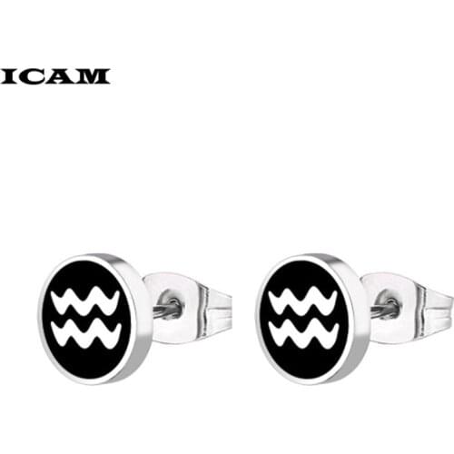 ICAM Punk Round Stainless Steel Zodiac Stud Earrings For Men &Women Unisex Rock Earrings Vintage Cool Jewelry
