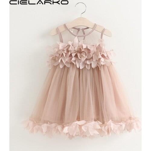 Cielarko Girls Dress Summer Mesh Baby Girls Clothes Pink Flower Applique Princess Dresses Children Party Clothing for Girl