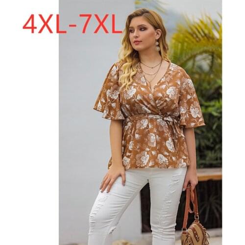 New 2021 summer plus size tops for women blouse large short sleeve loose casual khaki floral print shirt belt 4XL 5XL 6XL 7XL