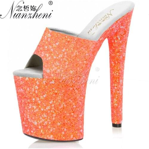 New style Sexy Fetish Flash powder Bling Shallow Big Size Womens Slippers 20CM Super Stiletto heels 8 inches Models Party Dress
