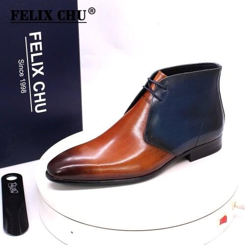 Autumn Winter Genuine Calf Leather Mens Ankle Boots Handmade Brown Blue Lace Up Formal Shoes High Quality Dress Boots for Men