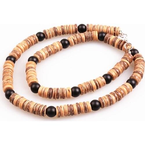 Natural wood bead & 8mm black bead Surfer Necklace Unisex tribal jewelry