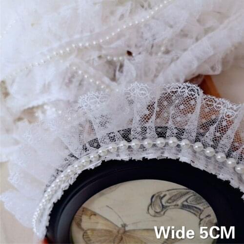 Luxury White 3d Pleated Chiffon Fabric Lace Beaded Fringe Ribbon Ruffle Trim Collar Sewing DIY Wedding Dress Headwear Appliques