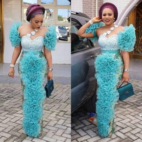 Luxury Pearls Prom Dresses Sky Blue Tulle Flower Formal Party Gowns Elegant Sequin Gown Arabic Aso Ebi Muslim Evening Dresses