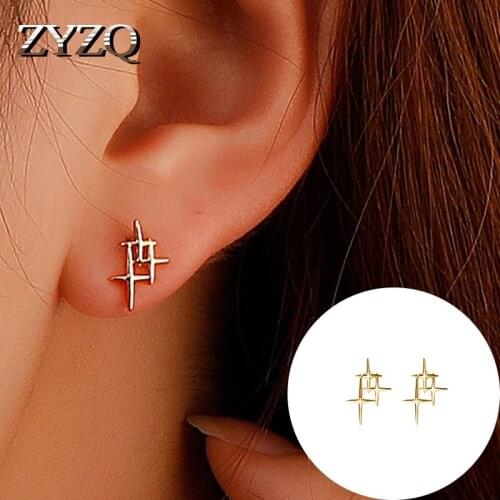 ZYZQ Elegant Metal Cross Four-Pointed Star Earring For Women Plating Gold Earrings Women Small Cute Banquet Jewelry