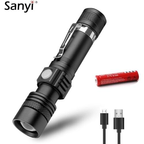 Sanyi 3 Mode XML T6 LED Tactical Flashlight Zoomable Focus Torch USB Rechargeable 18650 Work Light Portable Lantern Camping Lamp