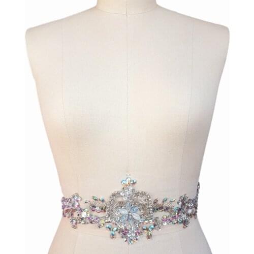 BRIGHT 10x40cm AB Rhinestones Diy Wedding Dress Patches Applique Couture Beaded Sewing for Costumes Gown Belt Waist Decoration