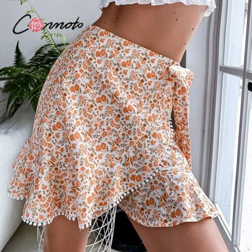 Conmoto Holiday orange floral print sweet wrap skirts summer Fashion ruffled a-line mini skirt women Casual lady bottom new 2021