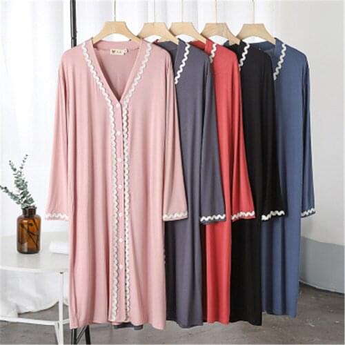 Women Modal Nightdress Cardigan Lace Long Sleeve Dress Outer Wear Home Clothes Plus Size V-neck Womens Nightwear Nightgowns