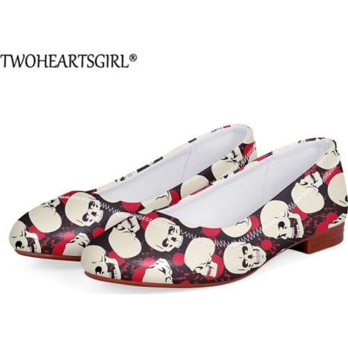 Twoheartsgir PU Leather Fashion Flat Shoes Red Skull Pattern Loafer Boat Shoe for Women Summer Slip On Falts Zapatos De Mujer