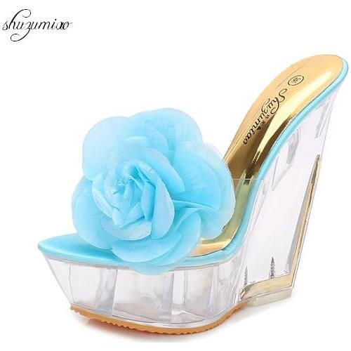 2019 Summer Woman Shoes Platform Slippers Wedge Beach High Heel Slippers Brand Transparent Special-shaped Crystal Ladies Shoes