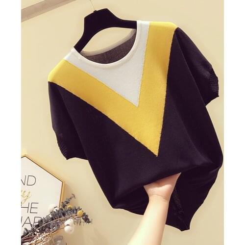 Ice Silk Top Women 2021 Summer Hit Color Loose Bat Sleeve Knitted Wweater Korean Version Thin Round Neck Knitted Short Sleeve