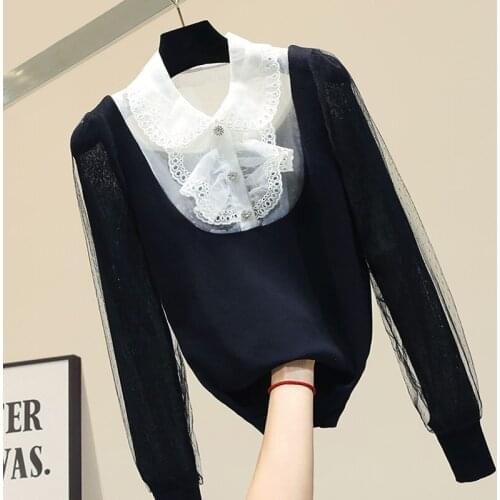 Spring Autumn Sweater Womens New Lace Stitching Lapel Knitted Shirt Ladies Tops Temperament Sweater Jumper