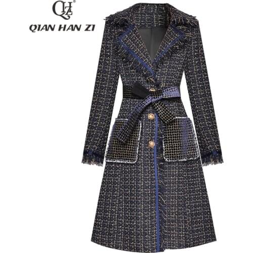 Qian Han Zi Winter Fashion Runway Long coat Women long-sleeved single-breasted retro gold-line plaid tassel belt slim Party coat