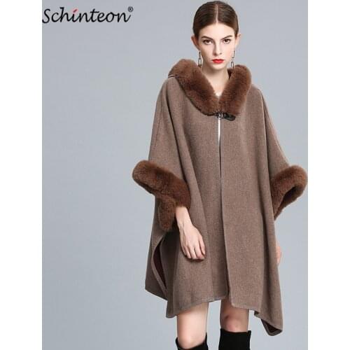 Top Quality Women Wool Knitting Cape Poncho Loose Cloak Outwear with Faux Rabbit Fur Trim Hood Clothing