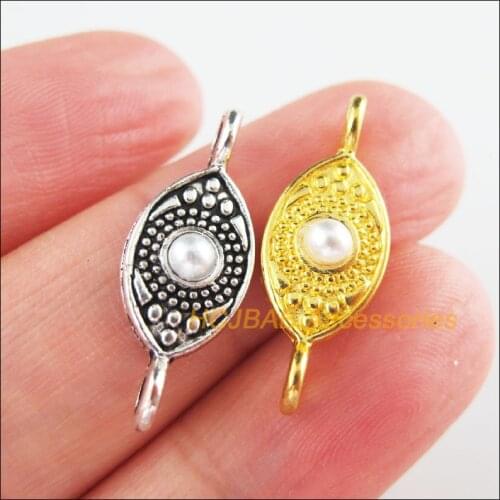 20Pcs Tibetan Silver Tone & Gold Color Retro Flower Eyes White Acrylic Charms Connectors 9x23.5mm