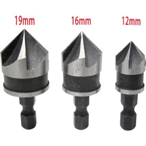 3pcs 5 Flute 90 Degree 1/4 Hex Shank Countersink Drill Bit Woodworking Counter Sink Chamfering Debur Tool Set 12/16/19mm