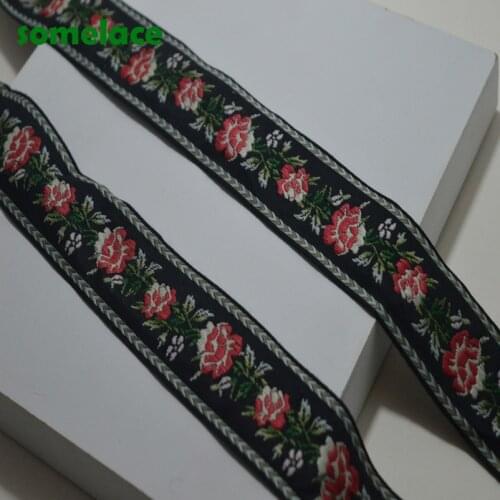 4Cm Wide 5yards/lot Black cloth red floral High Quality Colorful Jacquard Trim Woven Jacquard Ribbon 19031304