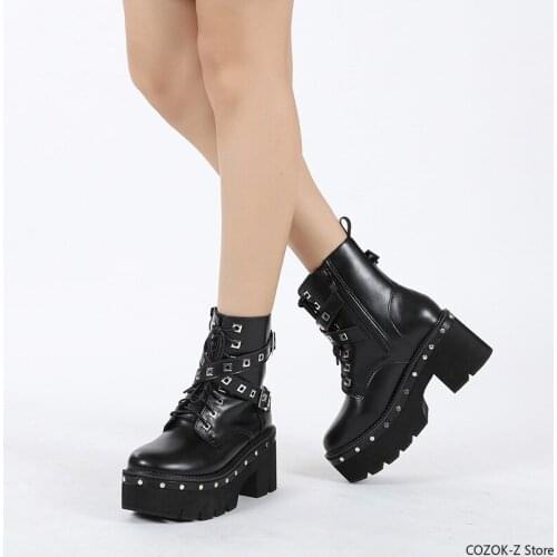 Fashion Motorcycle Boots Women Leather Spring Autumn Metal Buckle High Heels Shoes Zipper Black Ankle Boots Woman Lacing