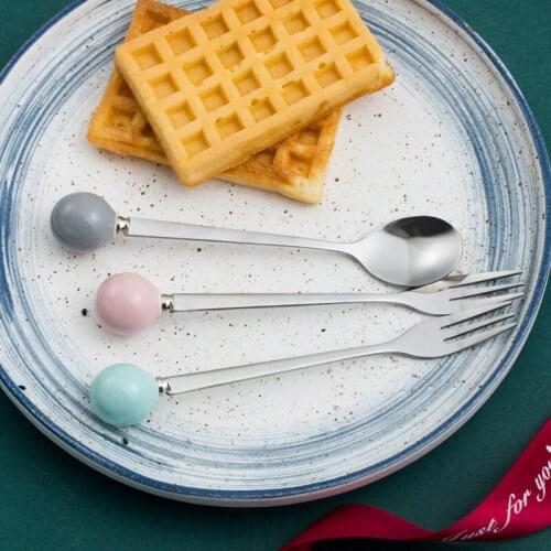 Color ceramic handle spoon Japanese and Korean Creative stainless steel fruit fork dinnerware dinner set