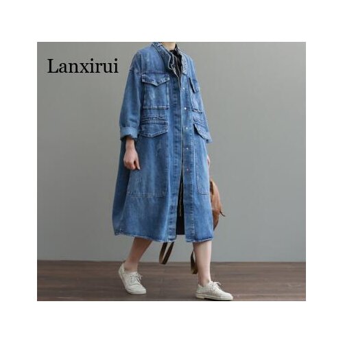 Cheap Oversize Casual Cowboy Trench Coat for Women Loose Outwear Long Denim Jean Coat Single-breasted Pocket Female Clothes