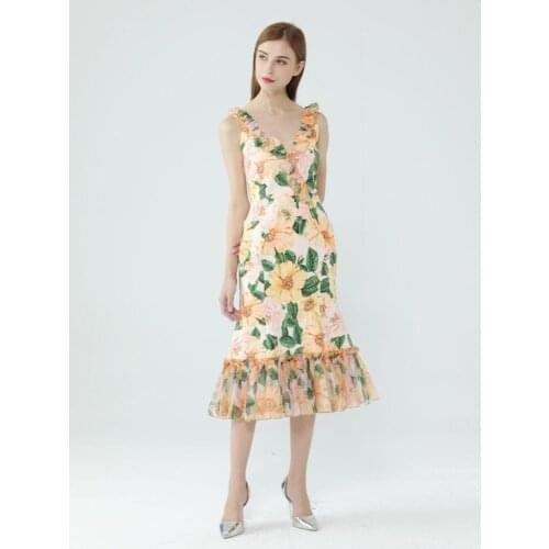 Yellow flower print High-quality elegant waist slimming dress 2021 summer new style V-neck ruffled fairy dress