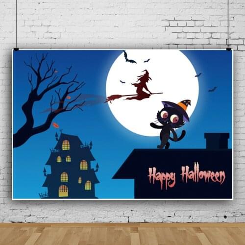 Horror Night Halloween Cat and Witch Portrait Photography Background Rave Party Decors Photo Video Backdrop Photocall