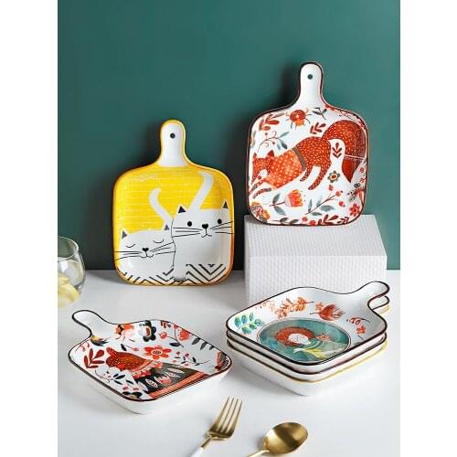 Nordic Ceramic Hand-Painted Glazed Color Plate Household Microwave Anti-Hot with Handle Baking Tray Breakfast Plate Tableware
