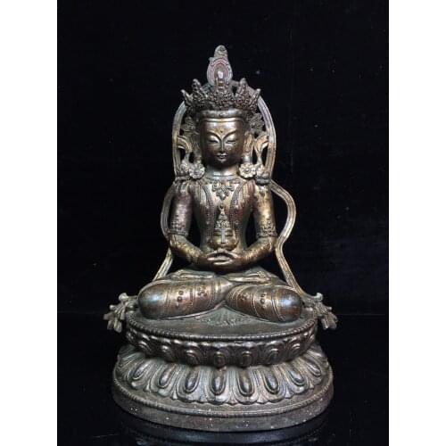 10"Chinese temple collection Old Bronze Cinnabar Lacquer Longevity Buddha Immortal Life Wisdom Tathagata Sitting Buddha Ornament
