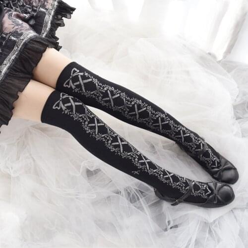 Lolita Lolita Jacquard Bow Stockings Lo Socks Knitted Cotton Stockings over Knee Socks