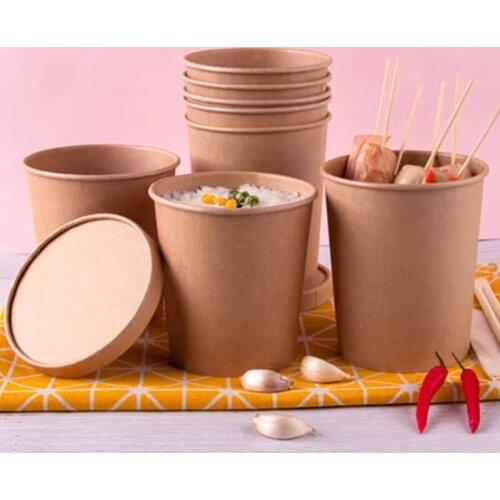 50pcs/pack Large Capacity Disposable Kraft Paper Bowl Eco Takeaway Food Fruit Package Paper Cup Thick Paper Box