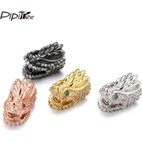 Pipitree Fashion Copper Green Eyes CZ Zircon Dragon Head Beads for Mens Macrame Bracelet DIY Charms Beads Jewelry Accessories