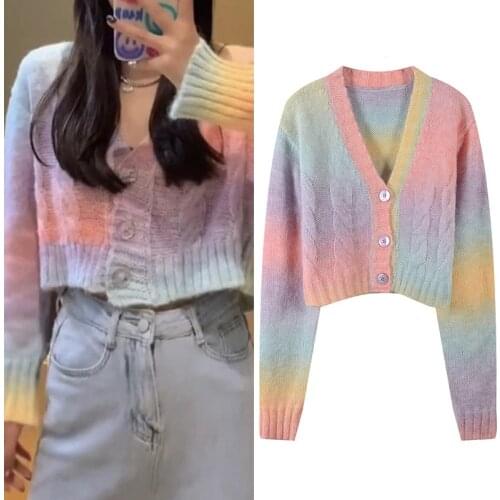 Rainbow Gradient Sweater Coat Mohair Short Cardigan Korean Fashion Soft Pastel Color Lazy Oaf V-Neck Single-Breasted Cardigan