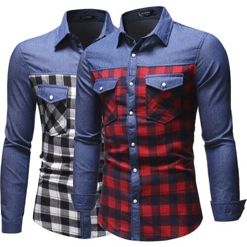 2021 New European Code New Denim Clothes Mens Fashion Fight Plaid Denim Long-sleeved Lining Luxury Classic Red and Blue Shirt