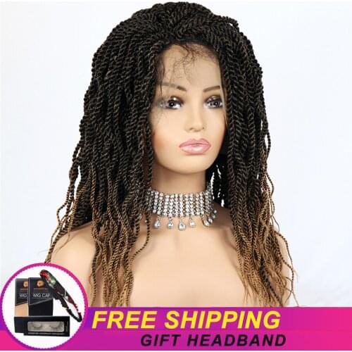 Ombre Brown Synthetic Crochet Braiding Hair Wigs Curly Wavy Senegalese Twist 20inches Crochet Hair Braids Wavy Ends Hair Wigs