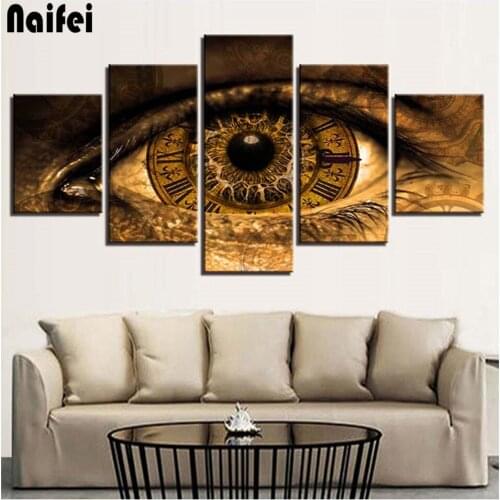 Full round square diamond painting sale 5 Piece Abstract Clock In The Eyes Wall Art diy diamond rhinestone embroidery home decor