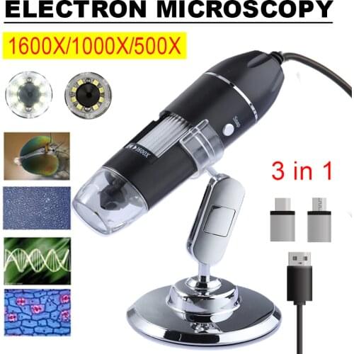 1600X 1000X 500X 3 In 1 Type-C Micro USB Handheld Portable Digital Microscope Interface Electron With 8 LEDs Bracket Microscopes